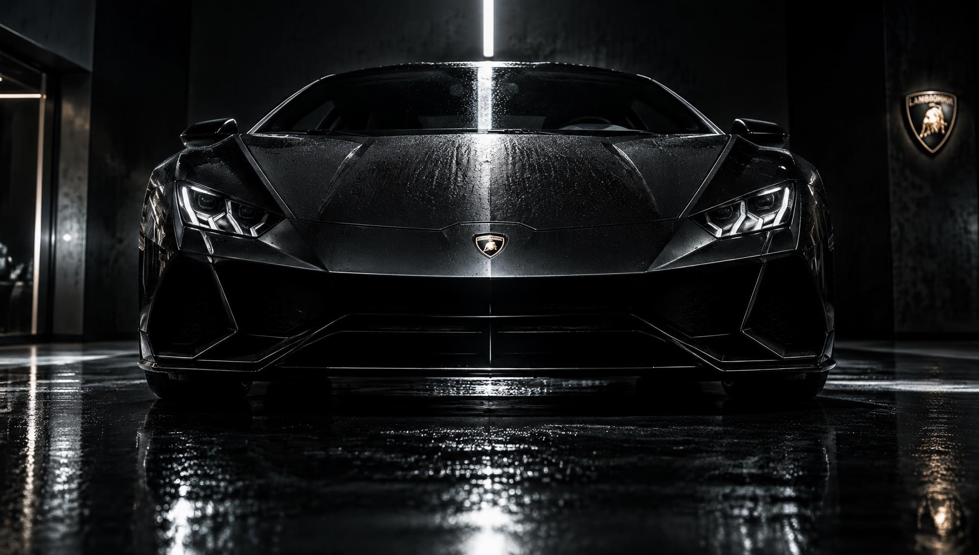 Matte black sports car with glossy paint finish under studio light